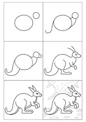 step-by-step instructions on how to draw a cartoon kangaroo. Cute image of an African animal on a forest background. online art, coloring, sketch, lesson, tutorial for children, drawing for beginners.