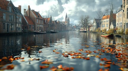 Fototapeta premium Autumnal Canal Scene in Bruges: Charming Houses and Calm Waters