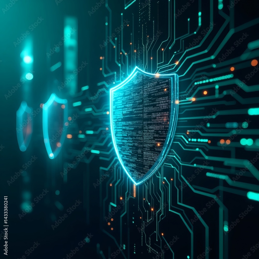 Aufkleber a glowing shield representing cybersecurity and data protection in a digital world. The shield is surrounded by circuit board patterns, symbolizing the interconnectedness of the online environment