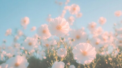 Dreamy soft focus image of white cosmos flowers blooming under a clear blue sky, evoking a serene and ethereal spring or summer day.