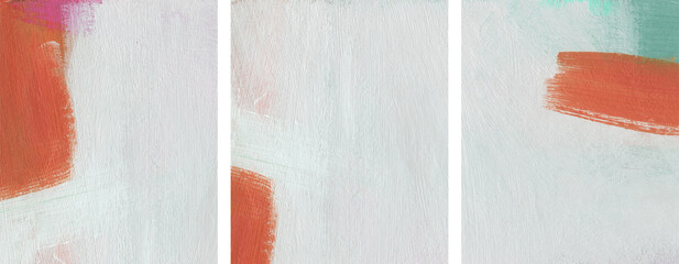 Three minimalist artist-made paintings. Abstraction. Versatile artistic image for creative design projects: posters, banners, websites, cards, magazines, prints, wallpapers. Acrylic on paper.