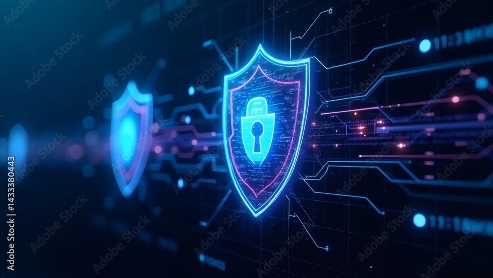 Poster cyber security concept with glowing shield and data protection. The image showcases a digital shield with a lock symbol on the inside