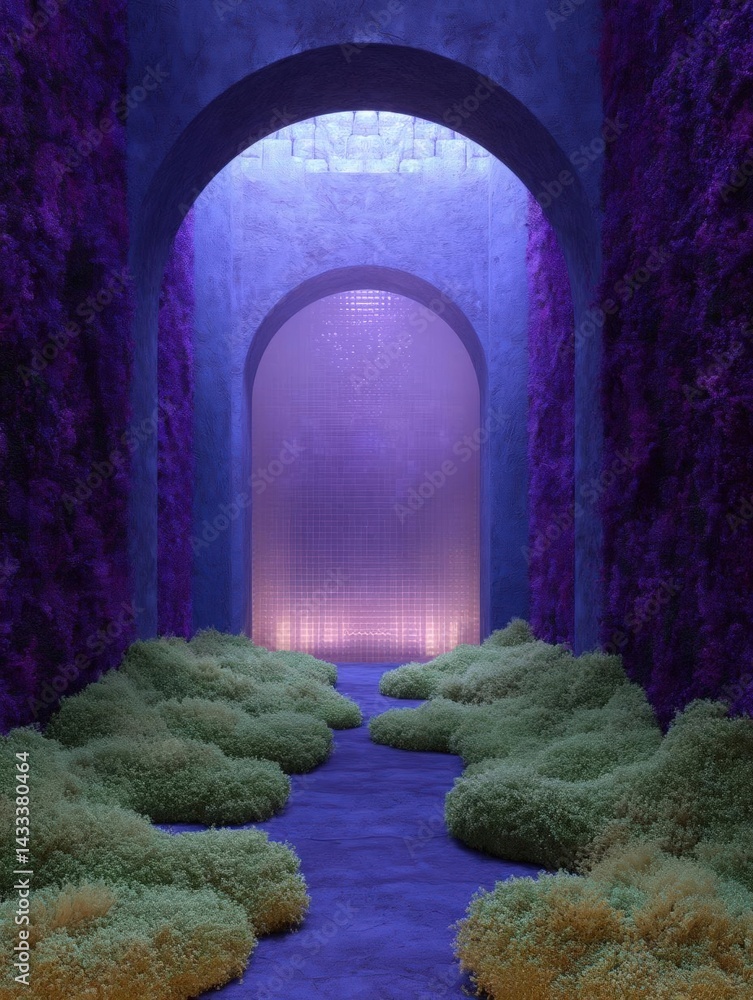 Poster archway in a tunnel-like structure with a purple light at the end. the archway is made of stone and 