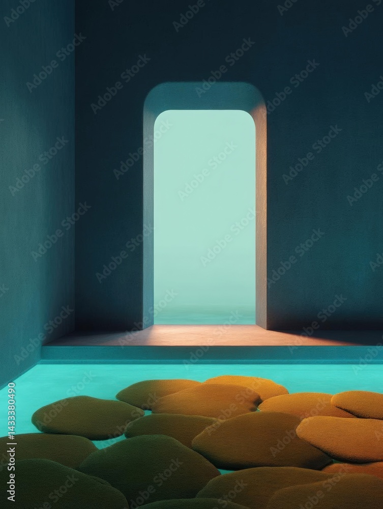 Poster empty room with a large archway in the center. the archway is made of a light blue material and is s