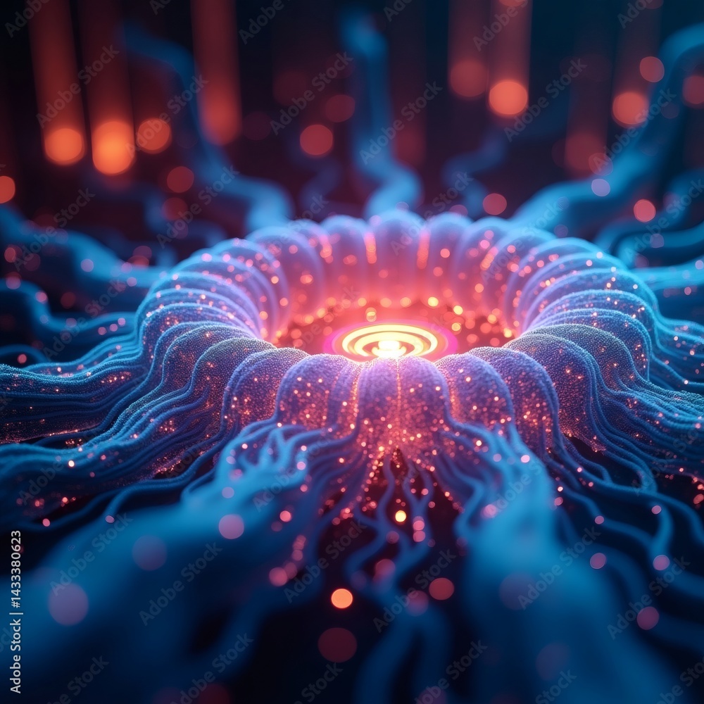 Poster Abstract glowing orb with intricate, glowing tendrils.  The central orb pulses with inner light, surrounded by a network of glowing filaments