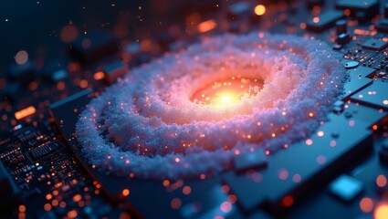 A Stunning depiction of a galaxy on a circuit board. Featuring intricate details of nebulae and glowing stars, the scene sparks imagination and wonder