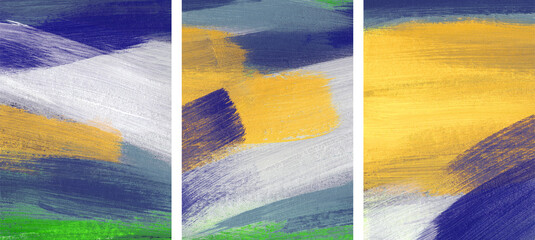 Three minimalist abstract artist-made paintings. Colourful texture. Versatile artistic image for creative design projects: posters, banners, websites, covers, cards, magazines, prints, wallpapers.