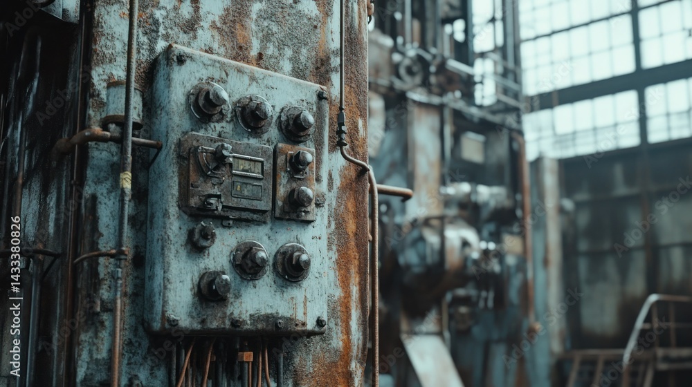 Aufkleber an old control panel displaying buttons and gauges inside a factory