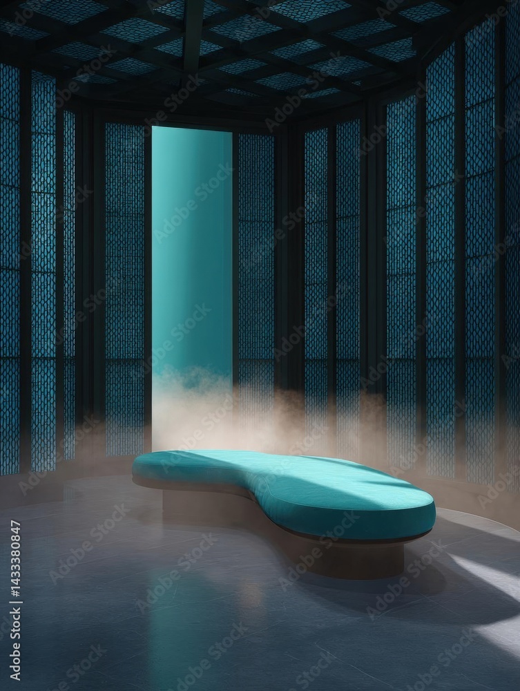 Poster modern and luxurious room with a high ceiling and a large window on the right side. the window is co
