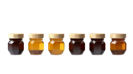 Eight Small Jars with Hexagonal Bottoms and Wooden Lids for Kitchen Storage