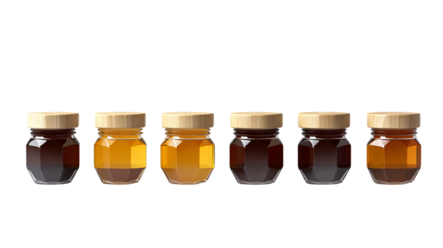 Eight Small Jars with Hexagonal Bottoms and Wooden Lids for Kitchen Storage