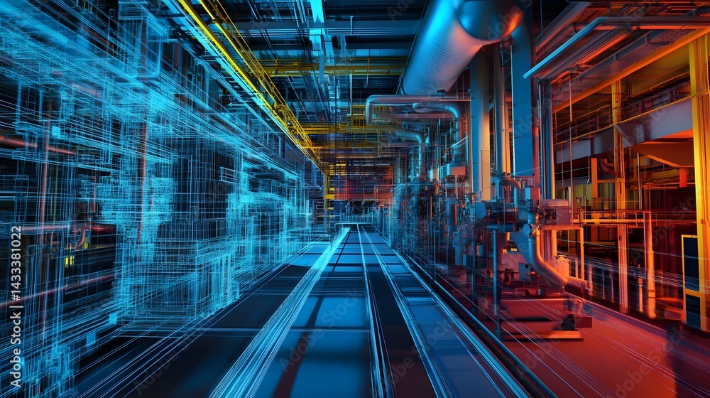 Poster a futuristic industrial building with a blue and yellow color scheme. the building is filled with pi