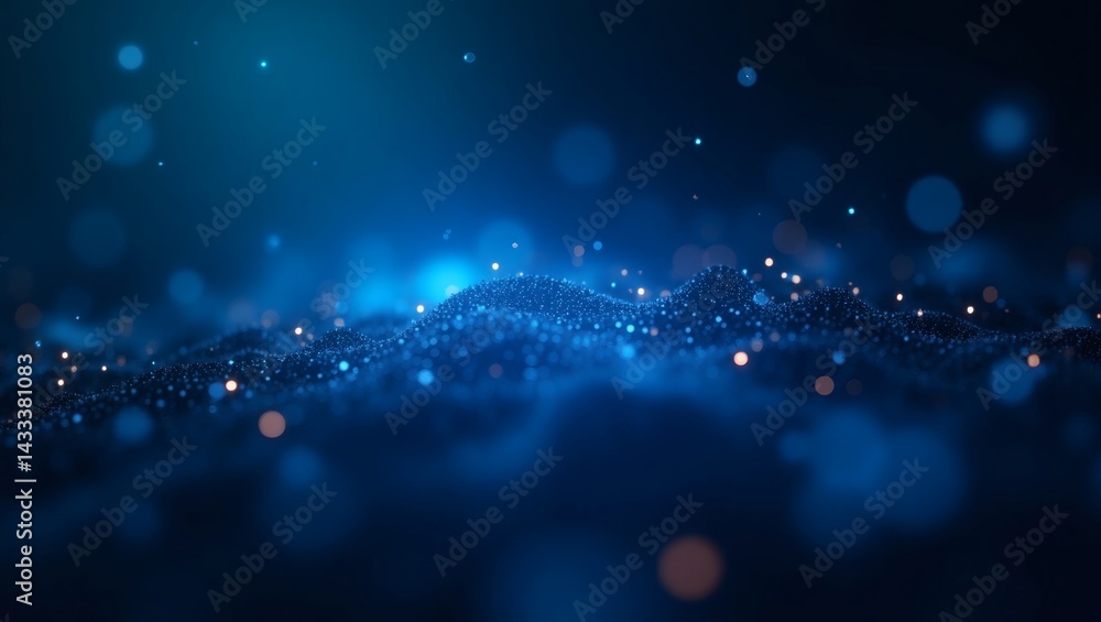 Poster abstract representation of the digital world, featuring flowing particles and a vibrant blue color p