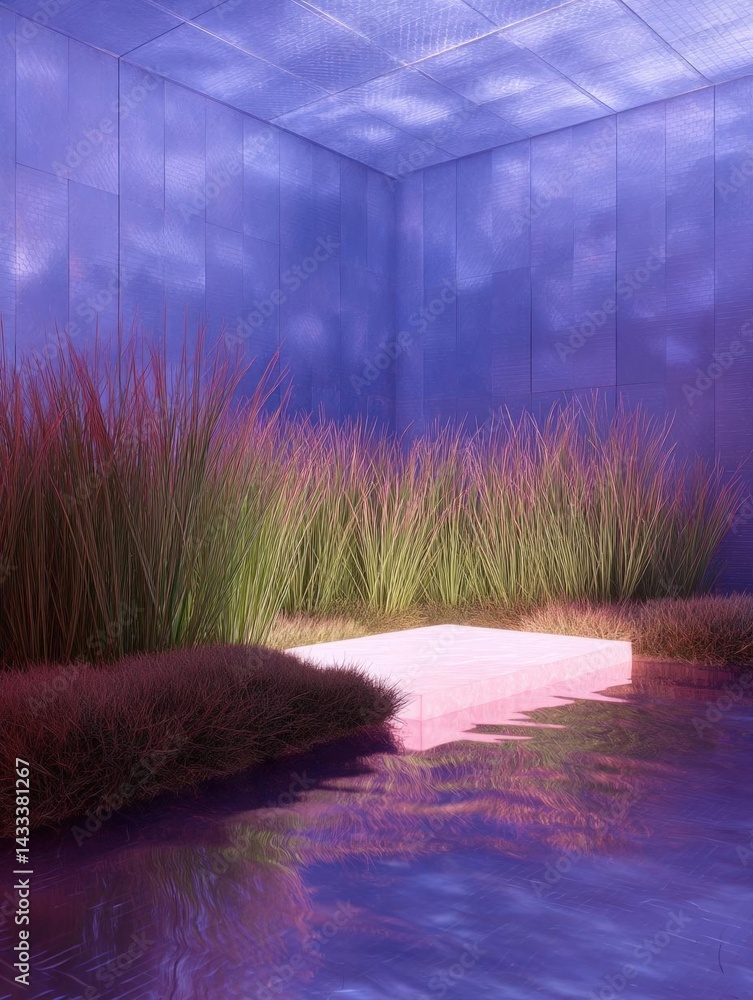 Poster 3d rendering of a modern garden with a pool of water in the foreground. the pool is surrounded by ta