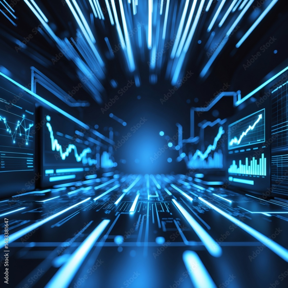 Poster abstract futuristic digital technology with many information monitor, which creates a sense of wonder and technological advancement