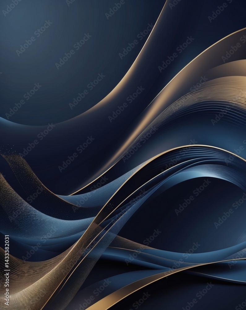Poster elegant flowing abstract lines in shades of blue and gold, creating a sense of movement and sophisti
