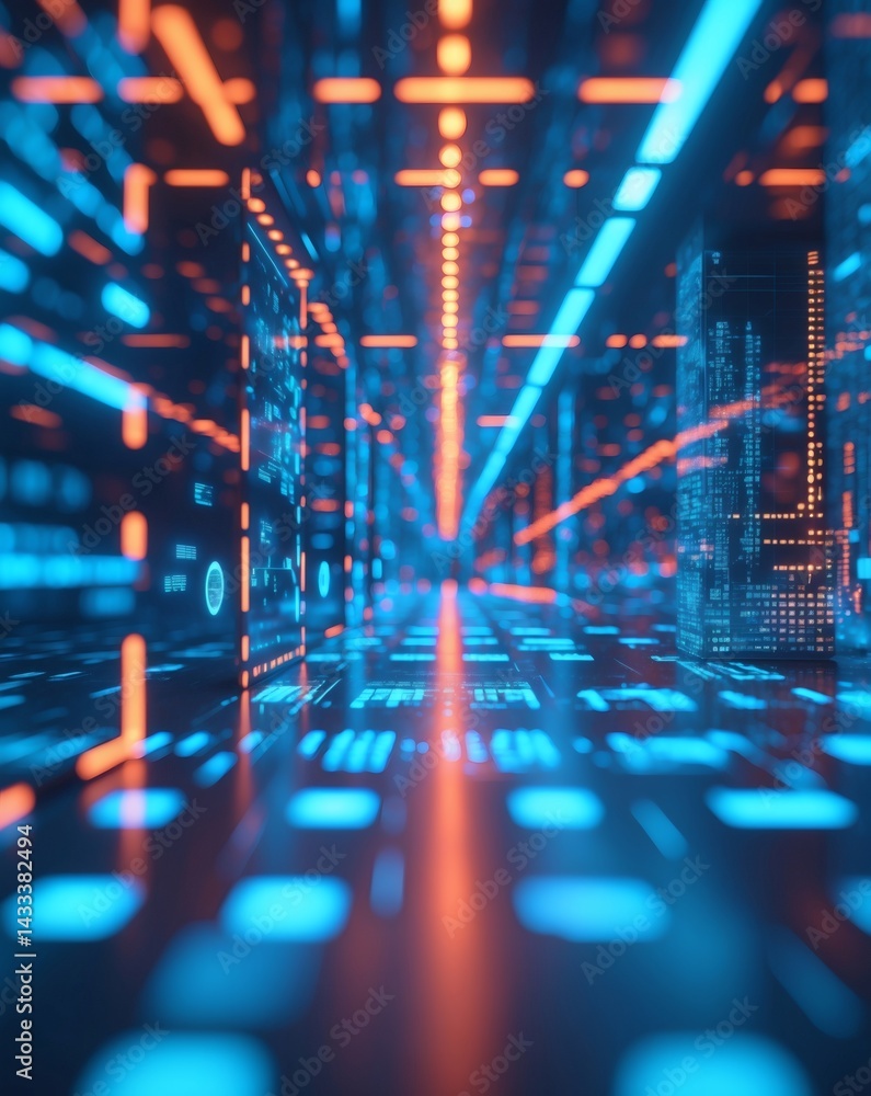 Poster a captivating digital realm with glowing blue and orange light creating a futuristic atmosphere
