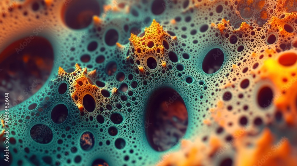 Poster an abstract three dimensional structure featuring holes and varied colors