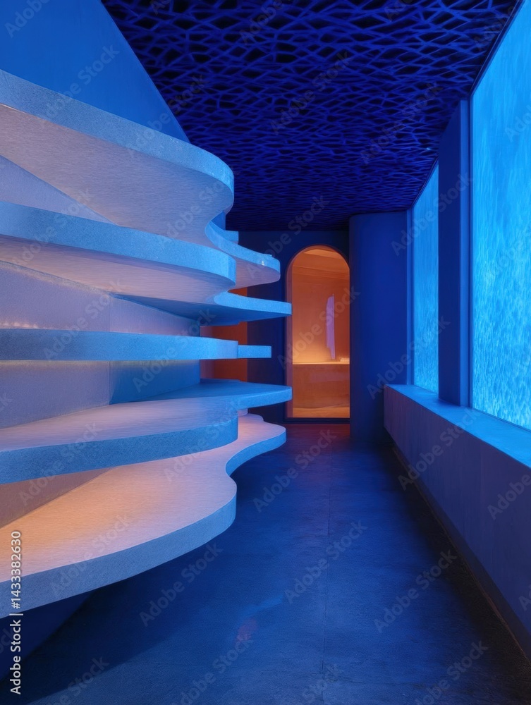 Poster modern and minimalist interior space with a curved staircase on the left side. the staircase is made