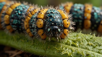 Colorful caterpillar crawling on leaf, nature macro