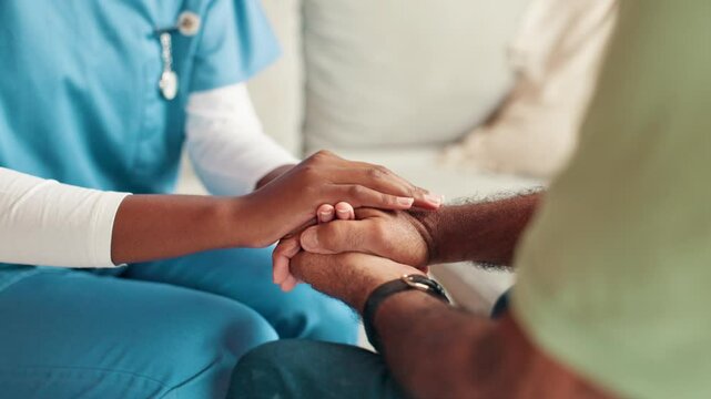 Trust, care and nurse holding hands with patient on sofa for medical diagnosis with empathy. Support, consultation and caregiver with person in nursing home for compassion, kindness or connection.