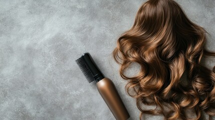 Brown wig rests near detangling brush, offering hair styling and care product display, beauty concept.
