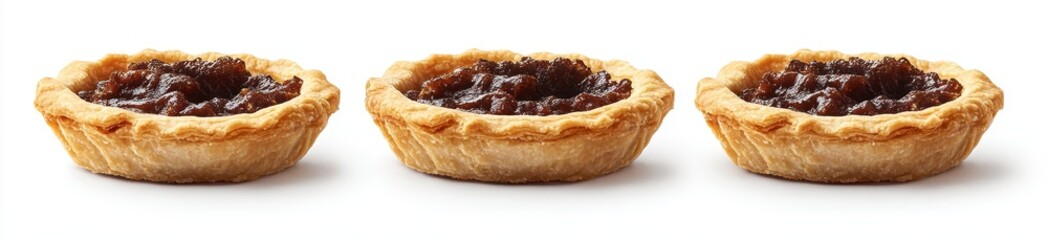Three mini tarts filled with brown sweet filling, arranged in a row on a white background