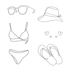 Outline of profile in one line: sunglasses, bikini, hat, flip flops, hearts. Set of illustrations about summer vacation