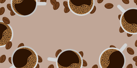 Coffee background with beans and cups.