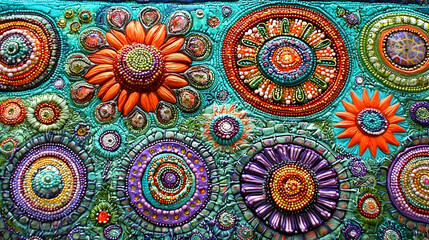 Colorful mosaic floral artwork, textured background, close-up view, suitable for design projects