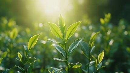 Tea leaves bask under sunlight, embodying nature's freshness, healthy vitality, sustainable growth, and tranquility.