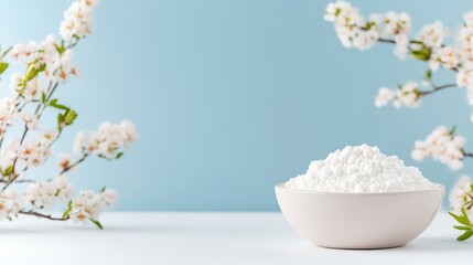A bowl of white powder on a clean white surface with delicate white spring blossoms against a soft blue background, evoking a sense of freshness and purity.
