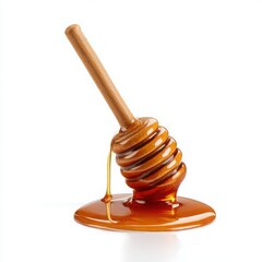 Honey dripping from dipper on white background