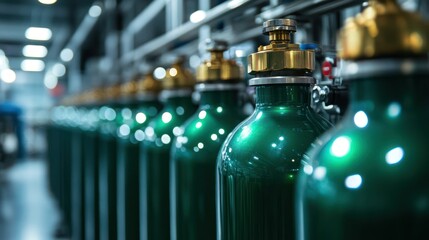 Green cylinders align in rows, signifying storage solution, industrial process, precision manufacturing, production.