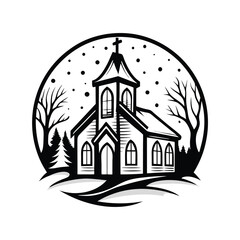 Black and White Silhouette Style of a Church Building with Winter Trees & Snow