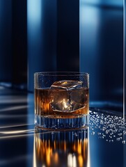 Professional product photography of a bright cocktail on a luxurious dark blue background.