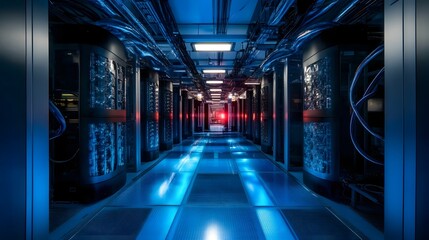 Fototapeta premium A long, narrow hallway filled with blue lights and red wires. The lights are on, illuminating the space and creating a futuristic atmosphere. The wires are glowing, adding to the sense of technology