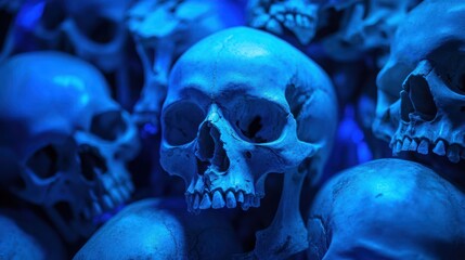 Skulls pile beneath intense blue light, evoking eerie mood, symbolizing mortality, decay, mystery, darkness.