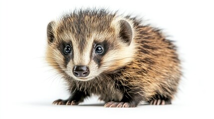 Fototapeta premium American badger stares, displaying soft fur, alert expression under bright light on white backdrop.