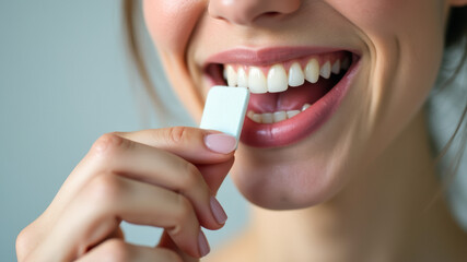 Smiling Woman Holding Chewing Gum for Dental Hygiene Care