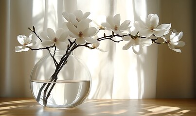 Magnolia Flowers in Vase with Water and Natural Light