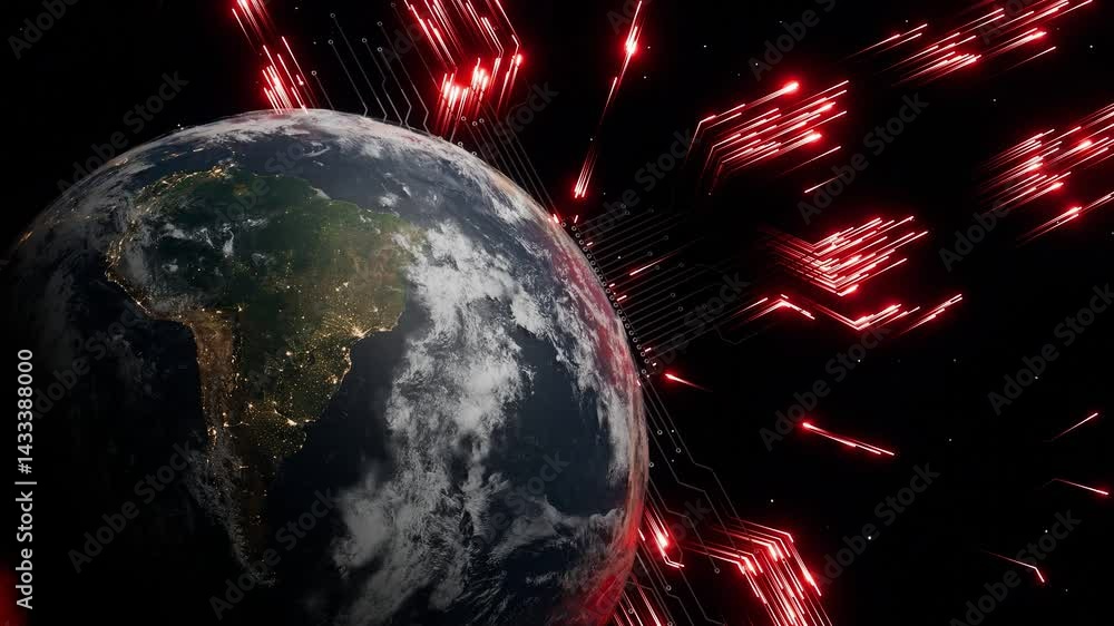 Poster planet earth with visible south america at night and glowing red digital arrows in outer space. 3d r