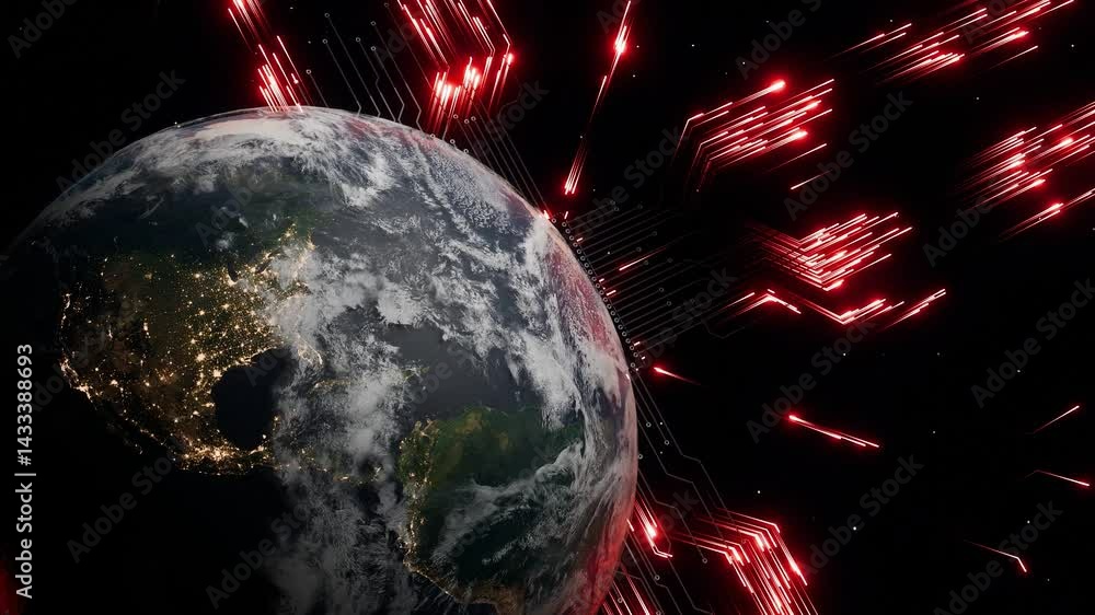Aufkleber planet earth with visible north and central america at night and glowing red digital circuit arrows 