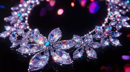 A beautiful shimmering diamond necklace is on black reflective surface