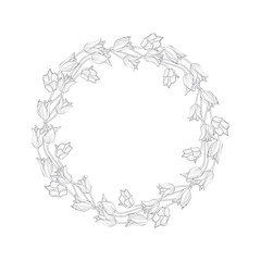 Black and white line art tulip flower wreath isolated on white background. Monochrome spring floral frame template for cards, coloring pages. Vector illustration