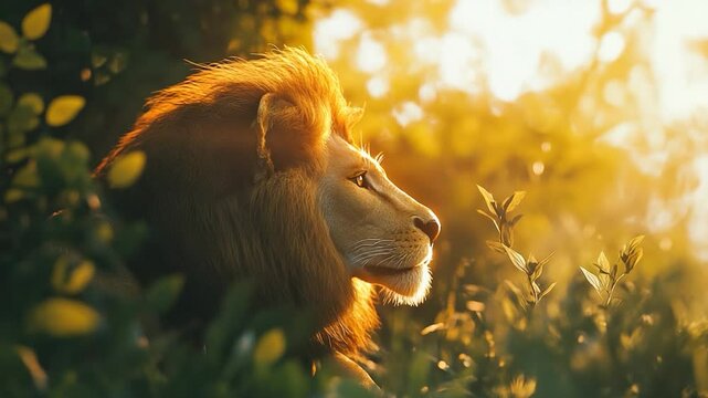 Majestic lion basking in sunlight among lush greenery at sunset
