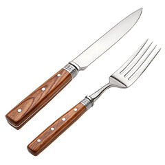Steak Knife and Fork Set with Wooden Handles Stainless Steel Cutlery on White Background