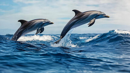 Fototapeta premium Two Dolphins Jumping in Ocean Waves