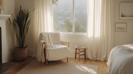 A sunlit cozy bedroom interior with natural light and elegant design
