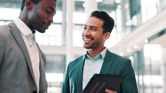 Happy, colleagues and men with tablet, office and discussion for investment, collaboration or company. Business, investor and people with tech for feedback, meeting or smile for review of information